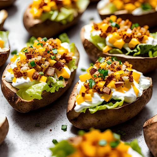 Baked Potato Nacho Boats with crunchy lettuce toppings