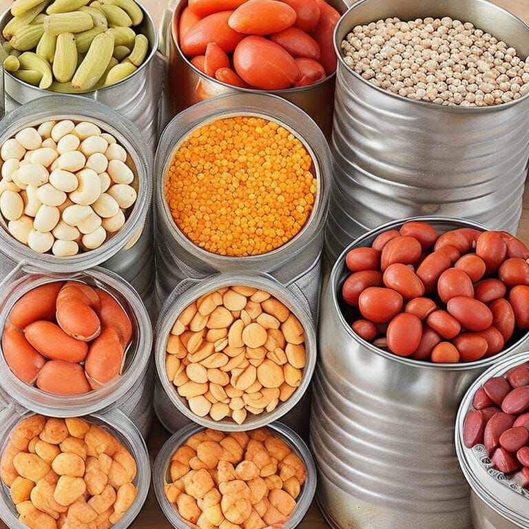 Canned goods such as beans and vegetables are
