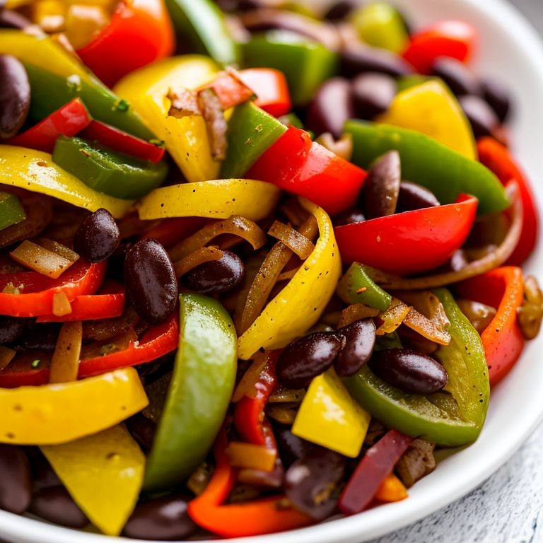 Fajitas with bell peppers, onions, black beans and tortillas