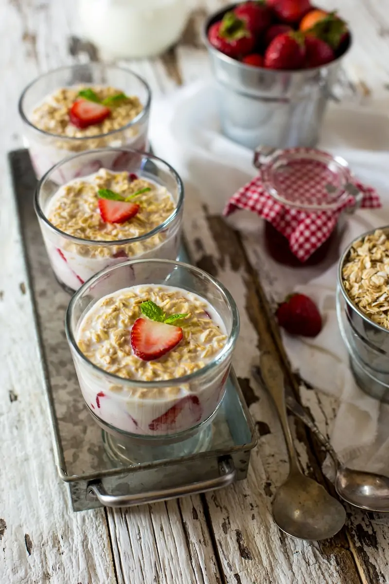 Custard Pudding, milk, strawberry, and cornflakes in glasses