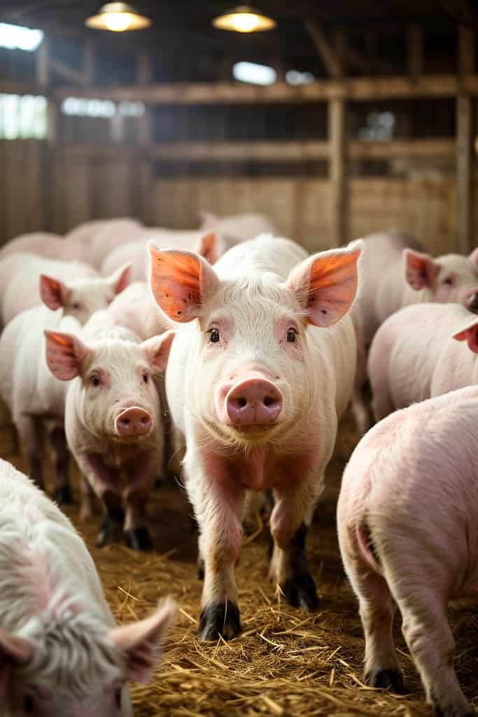 A group of pork breeds standing in a barn.