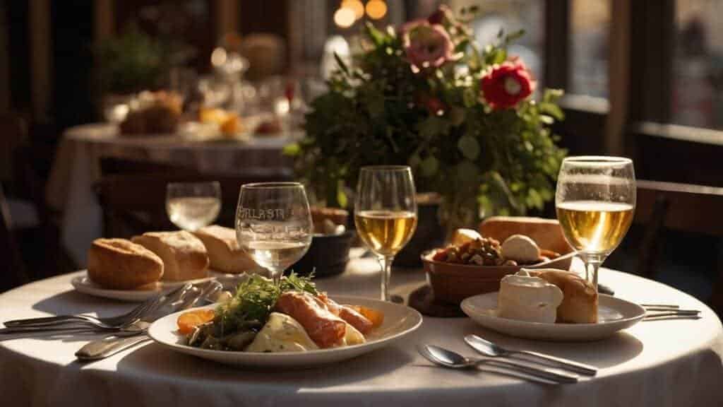 A warm-lit French bistro table set with traditional dishes, surrounded by celebrating patrons.