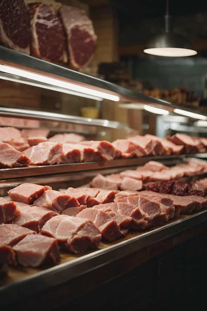 Fresh cuts of pork in a butchers display