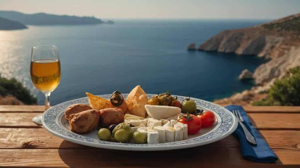 Assorted traditional Greek dishes on a wooden table with the Aegean Sea in the background.