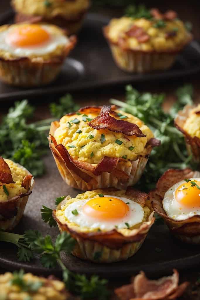 Auto Draft: Tray of breakfast muffins with bacon and eggs.