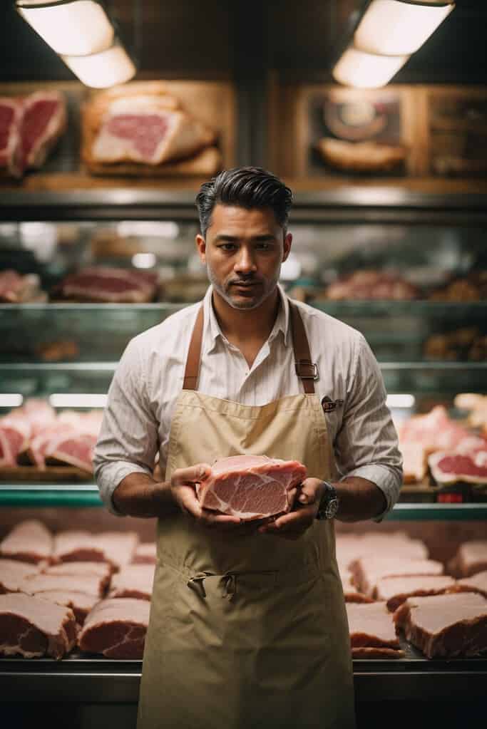A man in an apron holding a piece of meat during an auto draft.