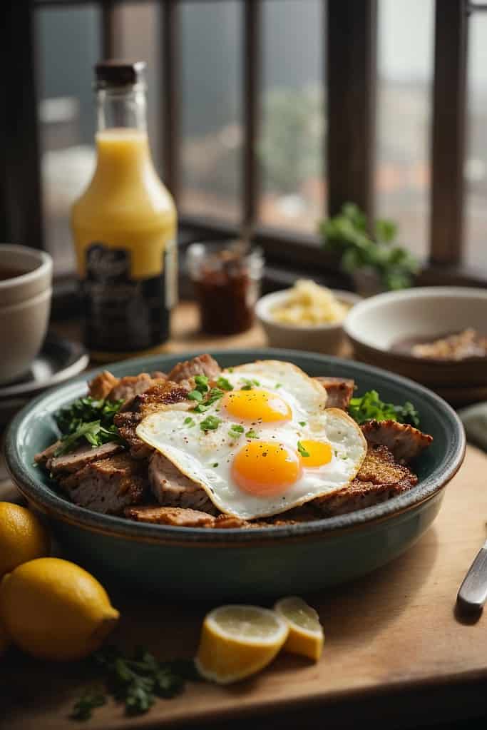 A plate with eggs, toast and lemons on a wooden table.