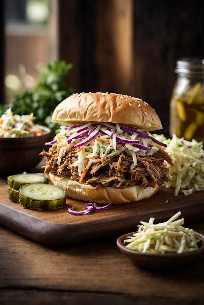 Pulled pork sandwich with a side of coleslaw