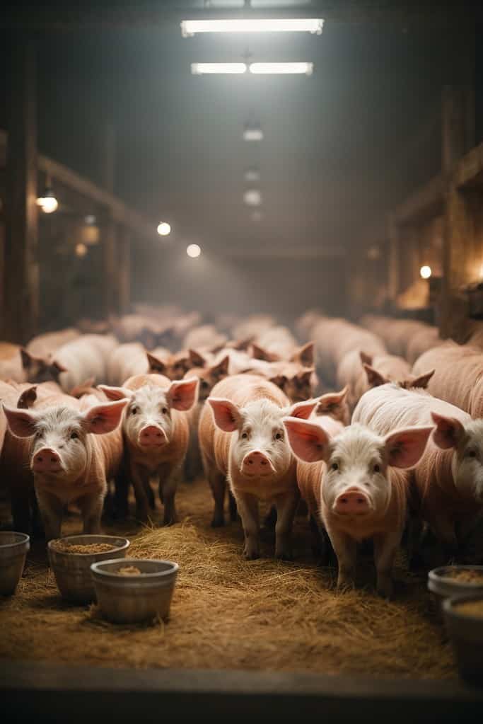 A barn with a group of standing pigs.