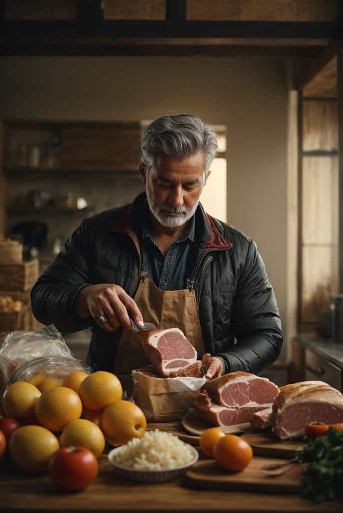 A man is exploring the nutritional profile of pork while preparing meat in the kitchen.