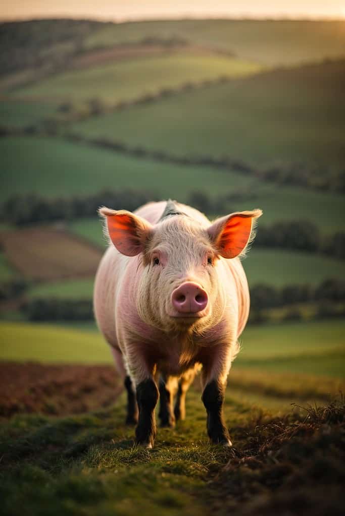 Discover a pig standing in a field at sunset while exploring the best 8 pork breeds.