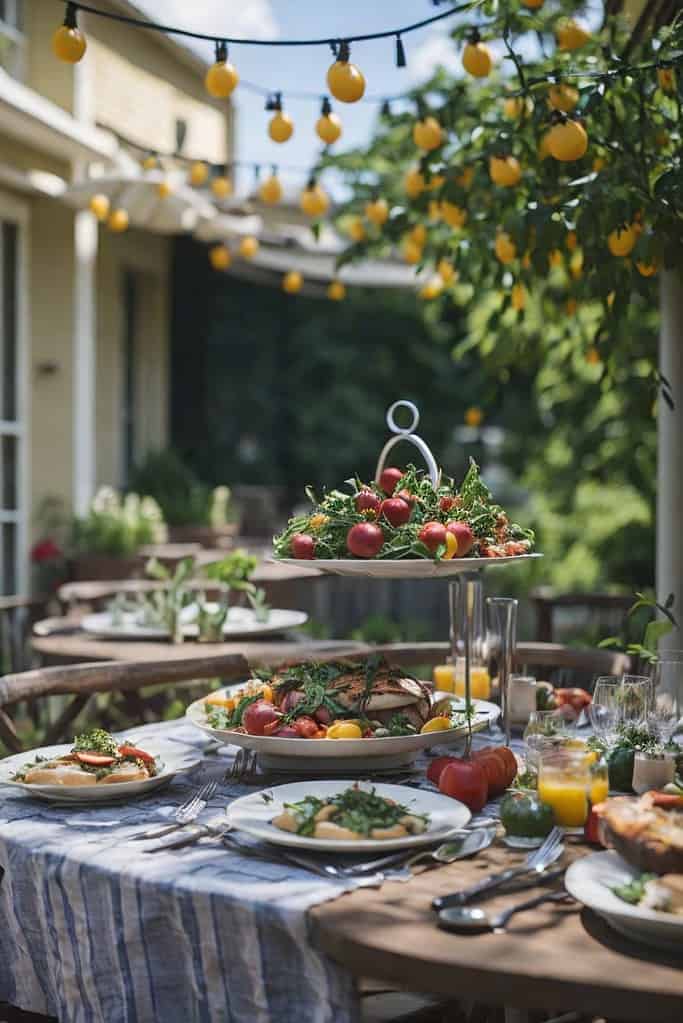 An alfresco dining experience with a table set for meals on an outdoor patio.