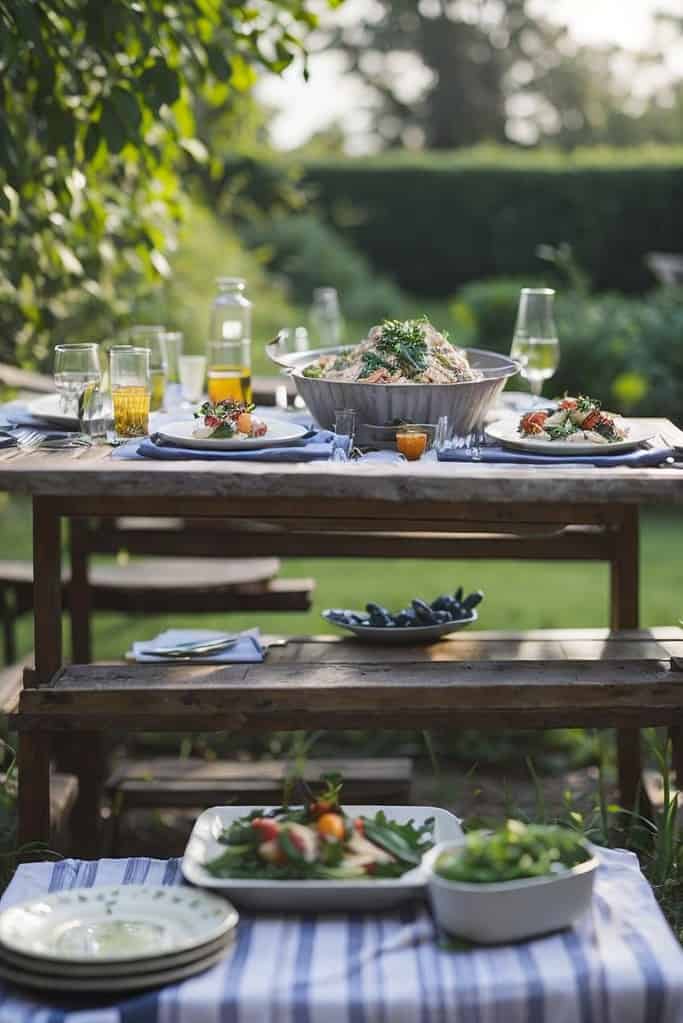 An alfresco dining setup with a picnic table in a garden.