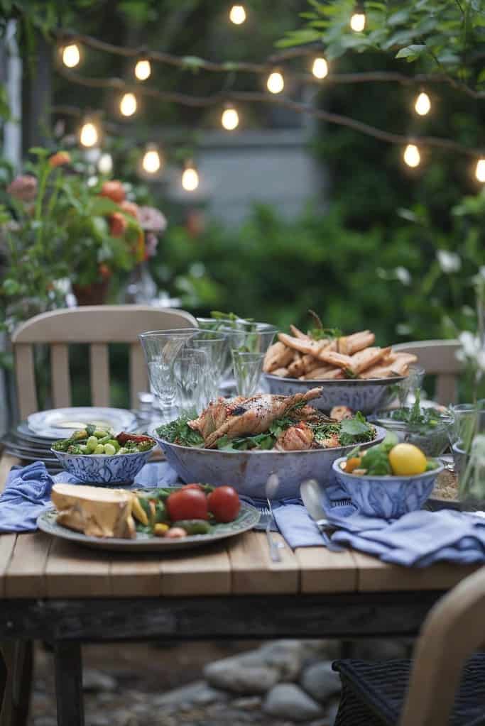 An alfresco table set with food and string lights.
