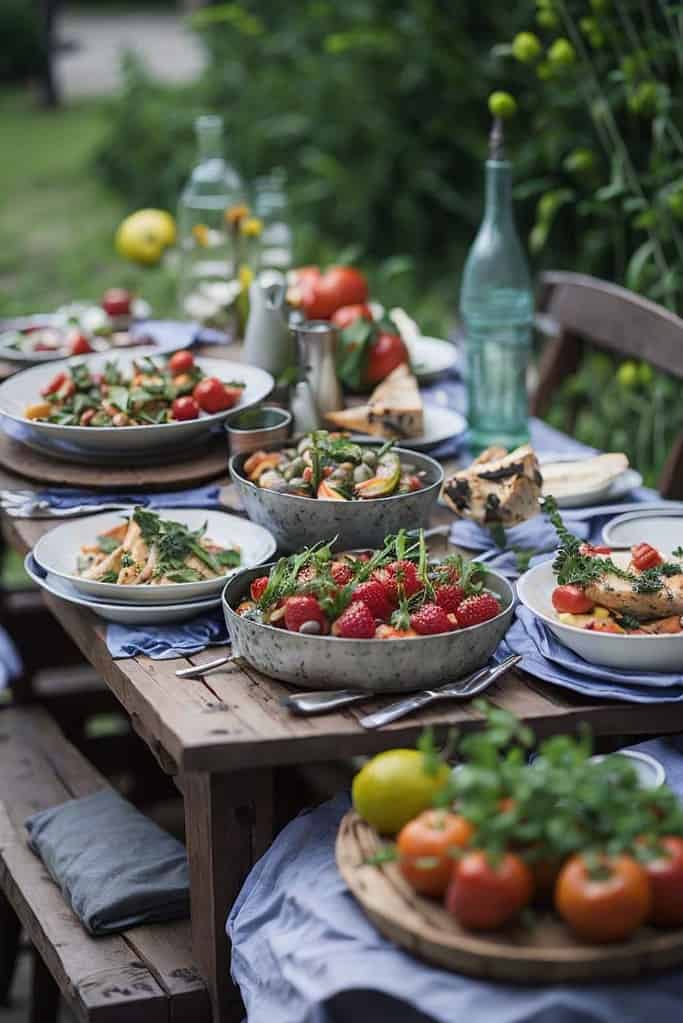 A garden table laden with alfresco meals.