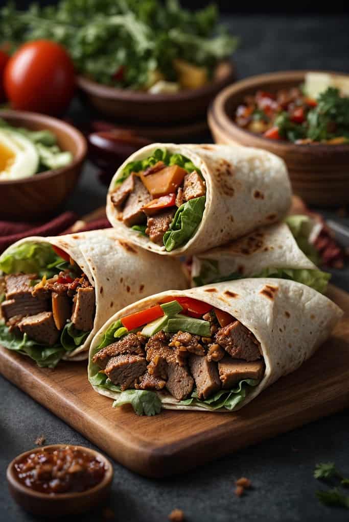 Four burritos with meat and vegetables on a wooden cutting board.