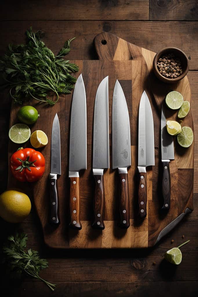 Five pork knives on a wooden cutting board.