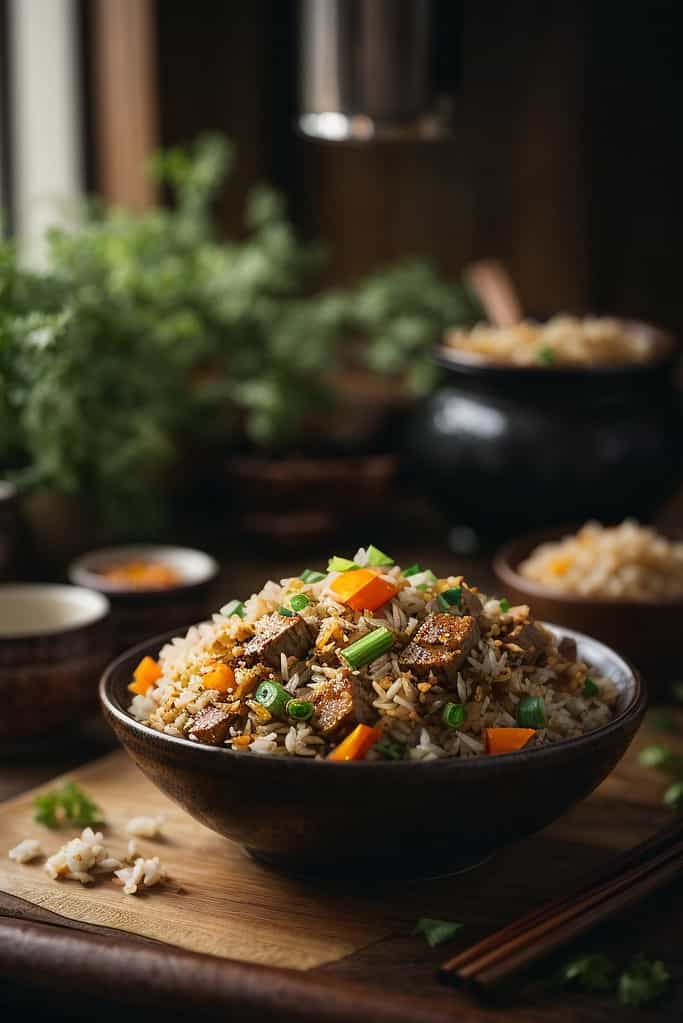 A bowl of fried rice on a wooden table with an Auto Draft.