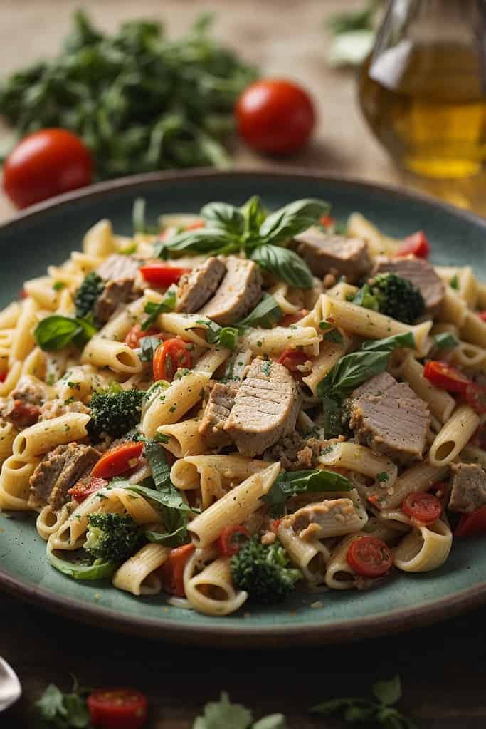 A plate of pasta with meat and vegetables on a wooden table.