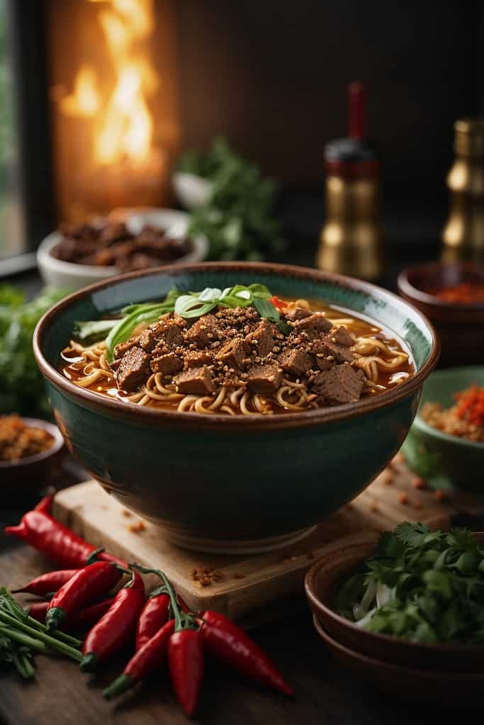 A wooden table with a bowl of noodles and meat.
